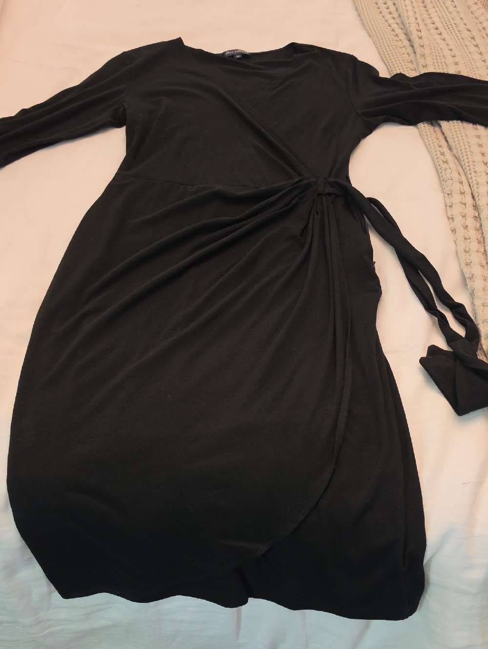 Women's Black Long-Sleeve Faux Wrap Dress with Side Tie